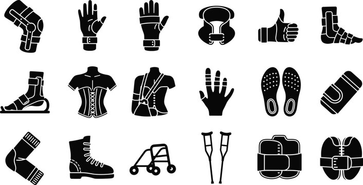 Orthopedic Braces and Mobility Aids Icon Set Featuring Medical Supports for Knee, Ankle, Wrist, and Back Recovery, Crutches, and Rehabilitation Equipment Silhouettes