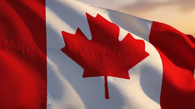 Close-up of the Canadian flag waving majestically against a soft, golden sunset sky, showcasing its iconic red maple leaf in vibrant detail