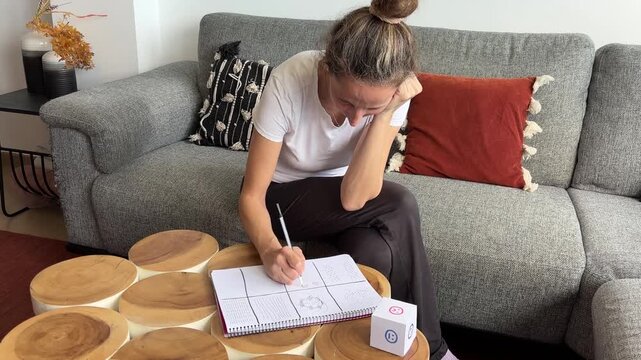Mujer haciendo doodling terap&eacute;utico en una libreta