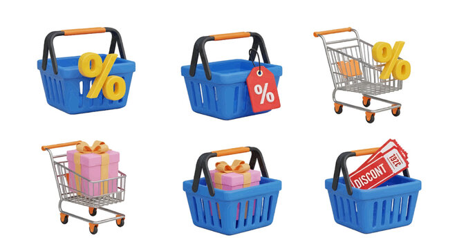 Vector illustration of 3d shopping baskets and carts with discount and gift icons, on a transparent background
