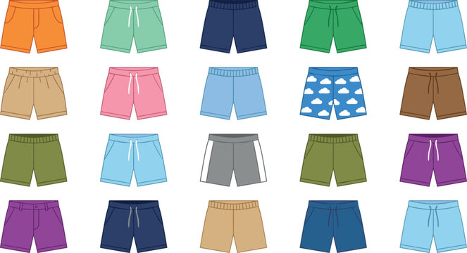 Colorful men shorts vector illustration set featuring casual summer swim trunks, athletic gym apparel, and sweatpants isolated on white background.