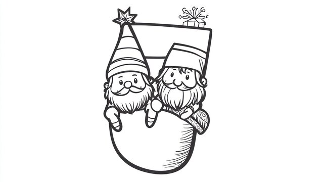 Charming line drawing of two festive gnomes nestled in a large, stylized stocking