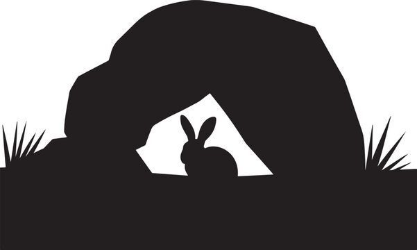 Black silhouette of a rabbit sitting inside a stone cave entrance with grass on white background