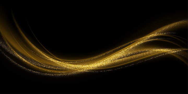 Luxurious golden lines sweep through dark background creating flowing wave patterns with shimmering light particles and elegant glitter texture effects