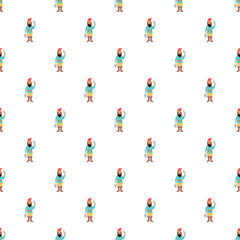 Obraz premium Cartoon character gnome wearing red hat and beard holding a bucket forming a seamless pattern