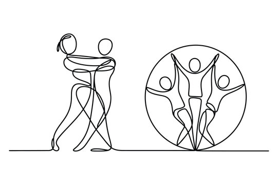 Outline figures of dancing couple and group circle with line art, teamwork