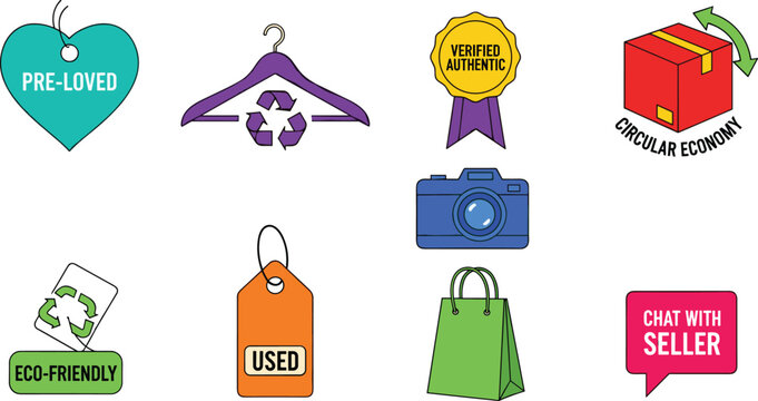 Sustainable E-commerce and Resale Market Icon Set Featuring Pre-loved Used Fashion Labels Eco-friendly Recycling Symbols Verified Authentic Badge and Circular Economy Logistics Vector