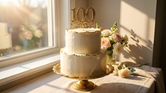 White birthday cake with 100 topper isolated on transparent background