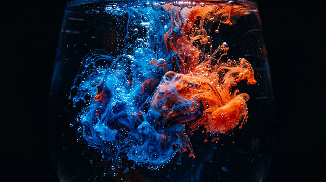 Vibrant blue and fiery orange inks create a mesmerizing abstract dance of colors as they collide and diffuse in water, capturing a dynamic liquid art moment