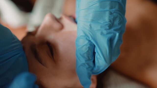 Practitioner removes cheek impurities on reclining woman