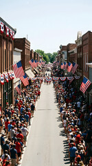 Obraz premium Small Town Fourth of July Parade Crowd with American Flags and Patriotic Street Decorations in USA 