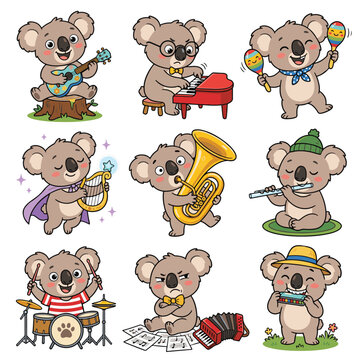 A collection of nine cute cartoon koalas playing various musical instruments like guitar, piano, drums, flute, tuba, harp, maracas, harmonica, and accordion.
