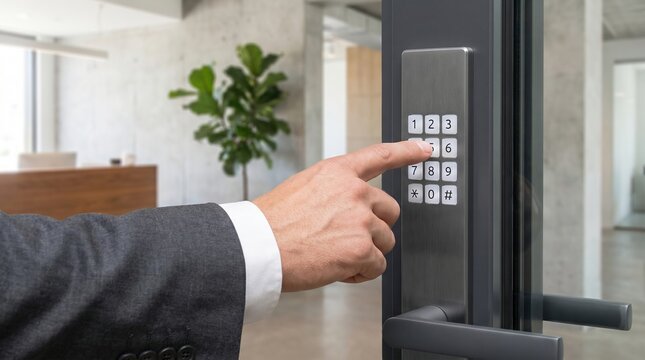 Corporate office security system keypad entry access control with security password business technology authorizatio