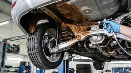 Fototapeta premium Mechanic applying anti-corrosion coating to car undercarriage. Professional vehicle maintenance and rust protection service in workshop. Automobile chassis care and conservation process.