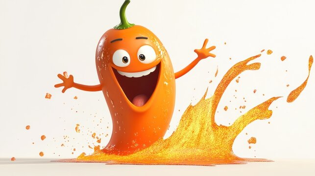Cartoon chili pepper splashing with juice,  happy expression, 3d rendering, food illustration, use in children's book