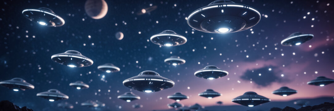 Wide banner art poster UFO fly spaceships aircraft in space with copy space for text AI Generative