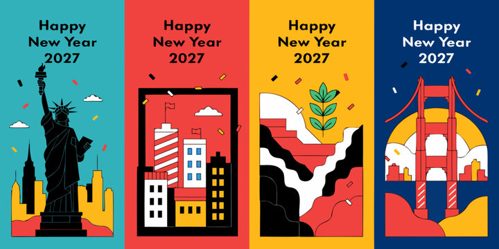 Happy New Year 2027 American Landmark Vector Series &mdash; Bold modern illustrations of the Statue of Liberty, city skyline, canyon, and Golden Gate Bridge celebrating the new year in vibrant geometric sty