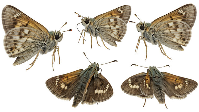 Skipper butterflies arranged in a collection show different flight angles and wing patterns on white.