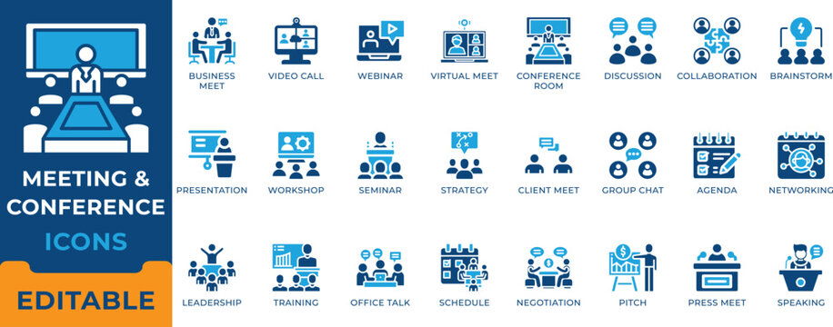 Meeting and conference icon set featuring video call, business webinar, virtual meet, corporate collaboration, presentation, workshop, seminar, and professional networking symbols.