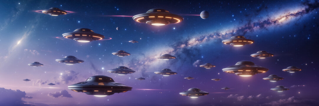 Wide banner art poster UFO fly spaceships aircraft in space with copy space for text AI Generative