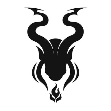 Krampus silhouette icon, horned demon head with fire flame, isolated minimalist vector design for holiday season, gothic folklore character graphic, black shape on white background