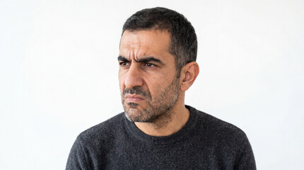 Fototapeta premium Portrait of an Annoyed Middle-Aged Man with Stubbled Beard Frowning and Looking Away in Disgust or Skepticism against a White Background