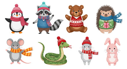 Fototapeta premium Winter animals, cute cartoon characters, snow, 8 icon set, vector