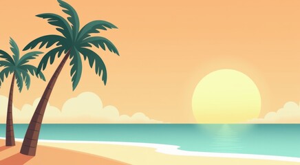 Obraz premium Cartoon of a beach with palm trees and a sunset travel concept copy space