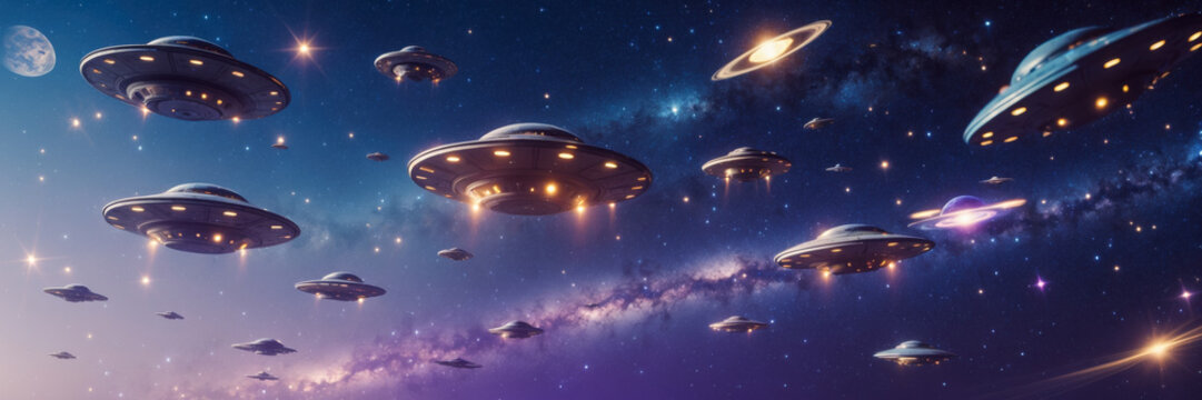 Wide banner art poster UFO fly spaceships aircraft in space with copy space for text AI Generative