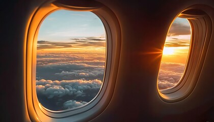 Naklejka premium Stunning sunset sky view through airplane cabin windows over thick fluffy cloud formations.