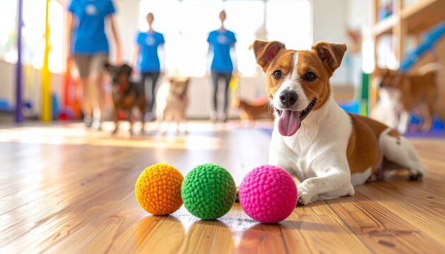 Happy Jack Russell Terrier Mix Lying on a Wooden Floor with Colorful Play Balls in a Pet Daycare Setting