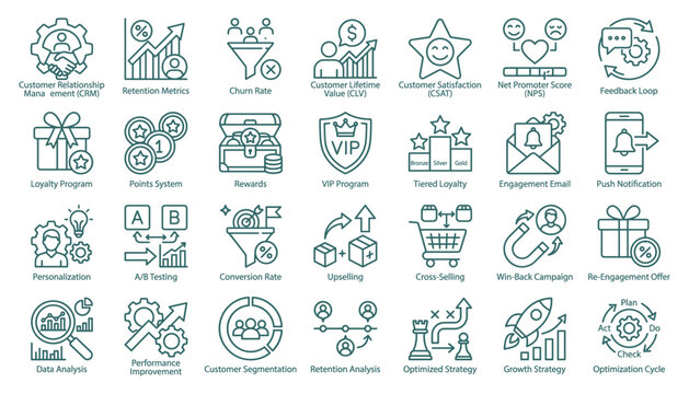 Customer retention and loyalty programs vector illustration with marketing strategy icons.