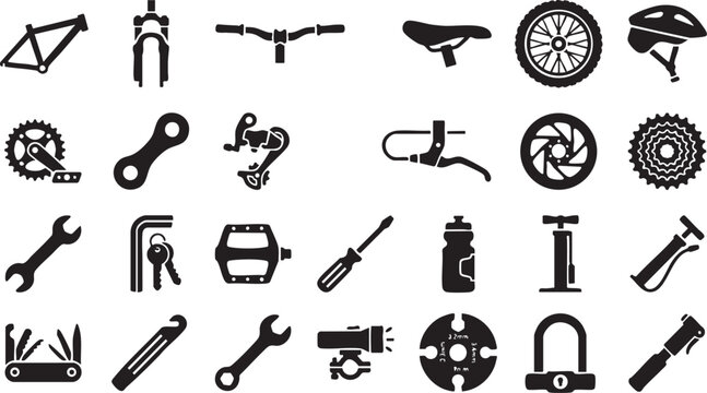 Bicycle parts and repair tools vector set showing various mechanical components for mountain bike maintenance and cycle service shop graphics