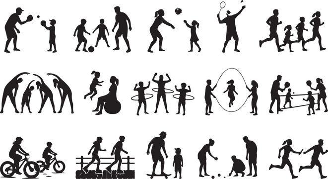 Set of black silhouettes of active families and people doing various sports exercises and outdoor activities together in a collection for lifestyle isolated on white background, Vector, illustration