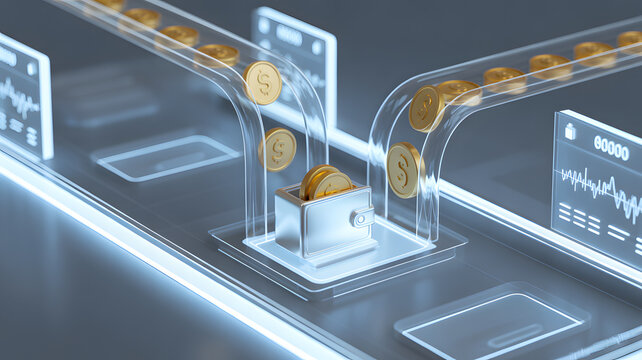 Close up of a machine sorting gold coins into a transparent container