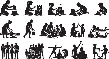 Set of black silhouettes of happy families and children playing with sand and building sandcastles on the beach during a sunny summer vacation isolated on white background, Vector, illustration © Shammi