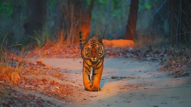 Tiger faces camera head-on, intense eyes piercing, powerful jaws open&mdash;apex predator confronting with raw ferocity