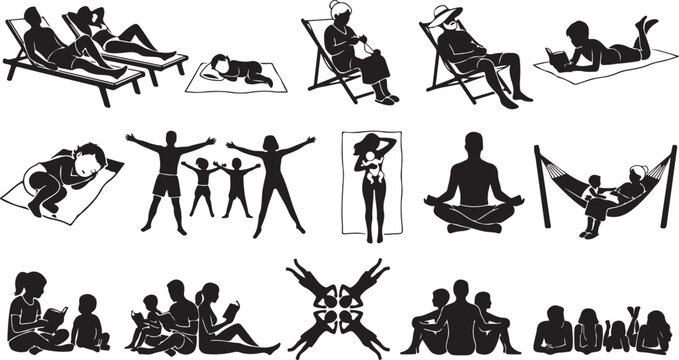 Set of black silhouettes of people relaxing and enjoying summer vacation activities like sunbathing reading yoga and resting in hammocks outdoors isolated on white background, Vector, illustration