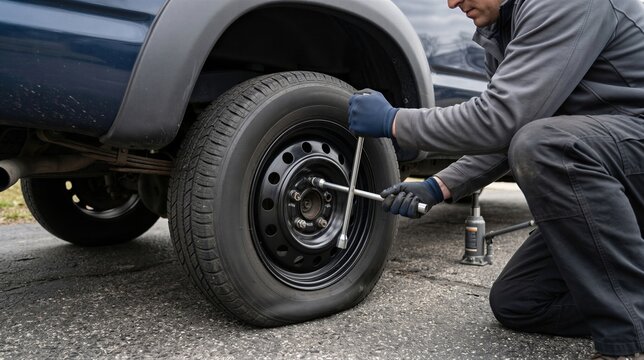 Mechanic changing car wheel with lug wrench. Automobile maintenance service. Specialist repairing vehicle tyre on road. Professional technician fixing punctured tire, safety transportation concept.