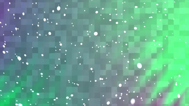 Glowing green and purple pixelated background with white specks.