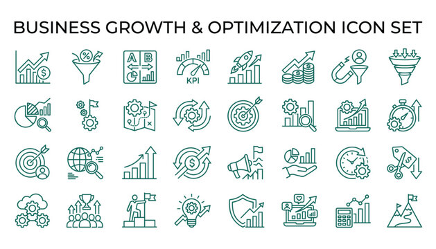 Business growth and optimization vector icon set for corporate marketing analytics and development.