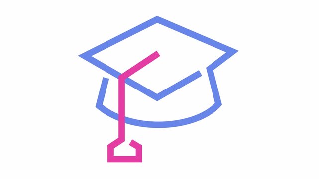 Minimalist graduation cap icon with pink and blue line art cartoon animation isolated on a transparent background. Graduation hat symbol with simple mortarboard graphic for university branding.