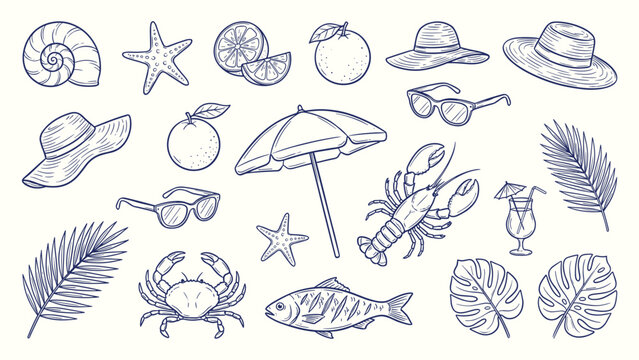Summer beach elements set with crab lobster fish palm leaves sun hat sea shells vector illustration