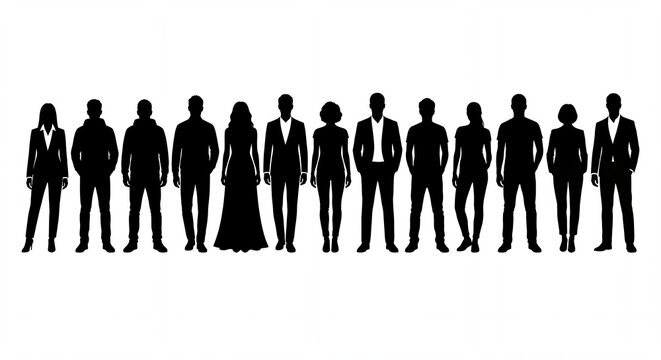 Diverse group of black silhouettes depicting men and women in various professional and casual attire a versatile graphic for population data or social