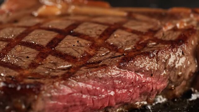 Close-up of a perfectly grilled steak, revealing juicy, red interior and grill marks