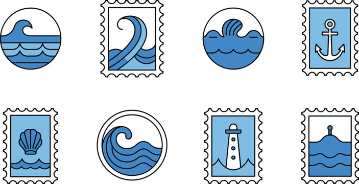 Coastal postage stamp set nautical summer seaside icons crab seashell seaweed palm tree stylized waves cresting wave circular postmarks blue outline minimal vector illustration for packaging labels
