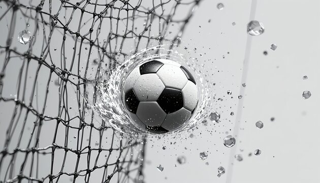 Black and white soccer ball crashing into a goal net with dramatic ink splash effects, capturing intense motion, impact, and dynamic sports energy on a clean background
