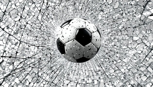 Black and white soccer ball crashing into a goal net with dramatic ink splash effects, capturing intense motion, impact, and dynamic sports energy on a clean background