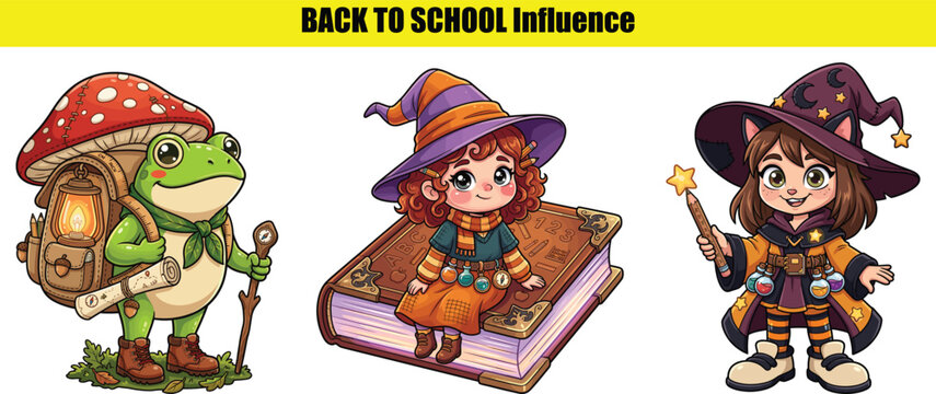 Cartoon characters with mushroom spellbook and magic wand colorful illustration