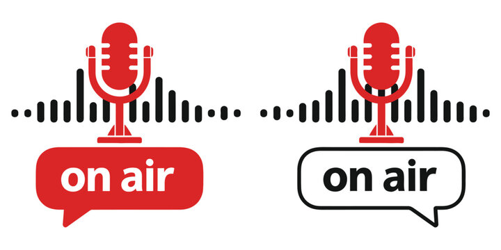 live on air microphone and sound wave icon set broadcast symbols representing streaming recording audio transmission radio, modern media communication outline collection, digital broadcasting studio v